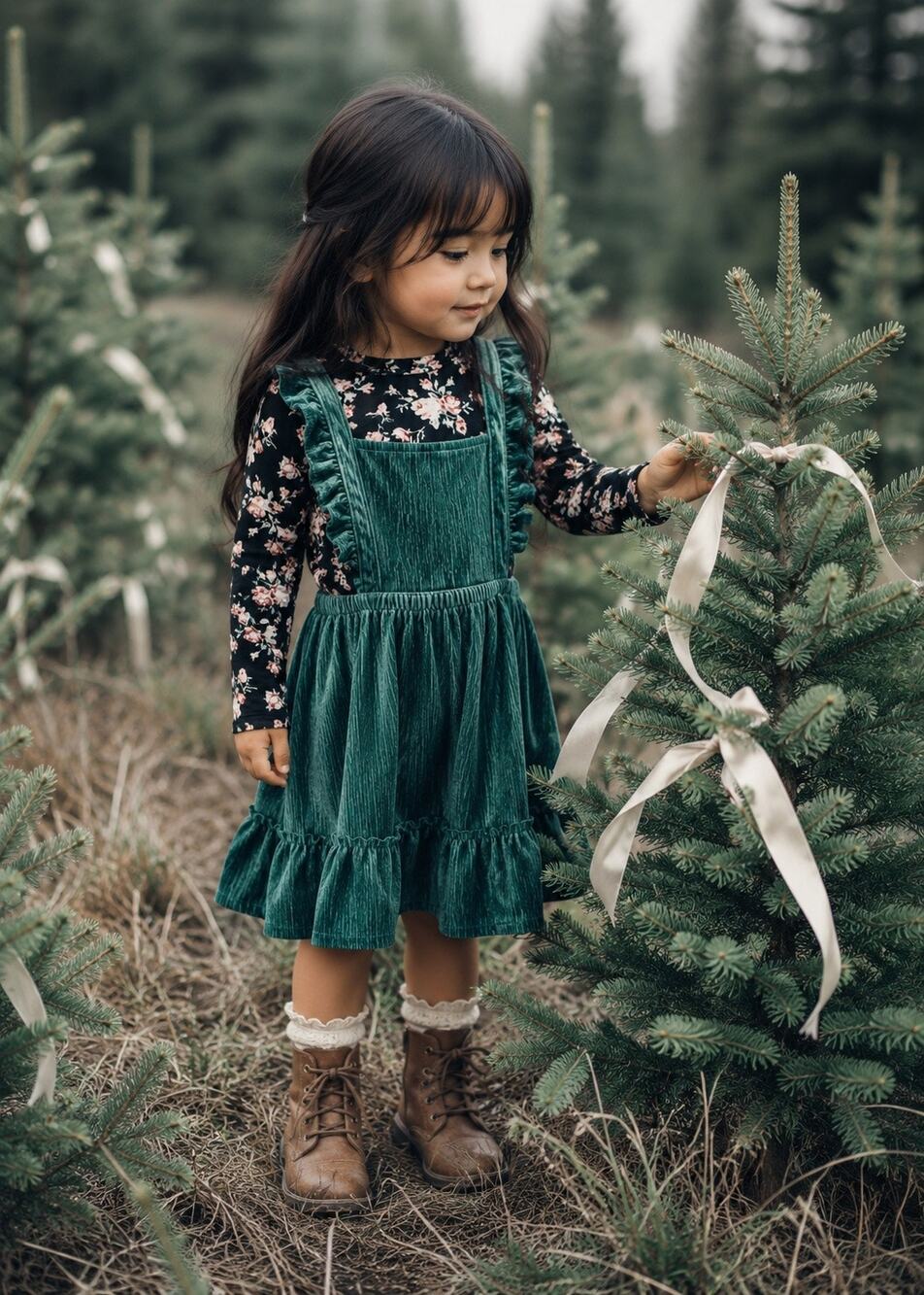 Evergreen Dreams Velvet Ruffle Strap Pinafore Dress + Floral Top 4T